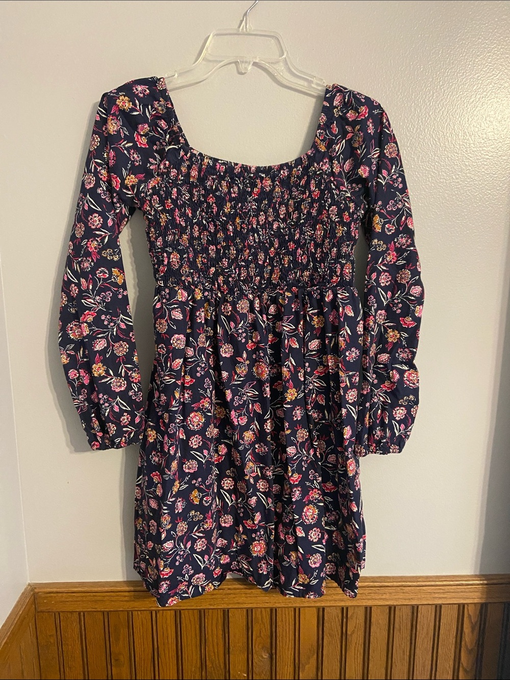 GAP Navy Floral Smocked Long-Sleeve Dress